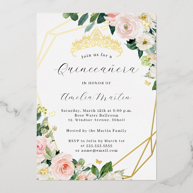 Invitation En Aluminium Geo Blush Floral Quinceanera Or (Recto)