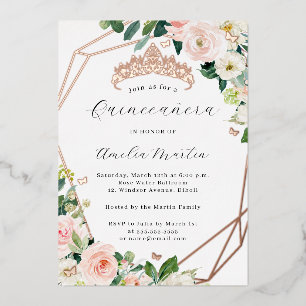 Invitation En Aluminium Geo Blush Floral Quinceanera Rose Or