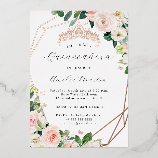 Invitation En Aluminium Geo Blush Floral Quinceanera Rose Or (Recto)