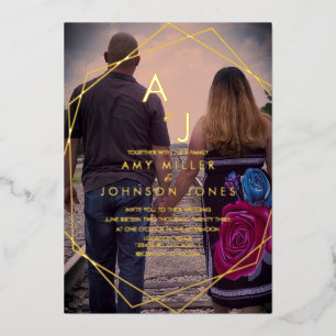 Invitation En Aluminium Geo Border Gold Frontière Mariage photo Pressé