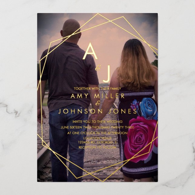 Invitation En Aluminium Geo Border Gold Frontière Mariage photo Pressé (Recto)