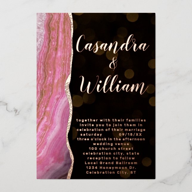 Invitation En Aluminium Géode d'agate de galaxie élégante Mariage rose et  (Recto)