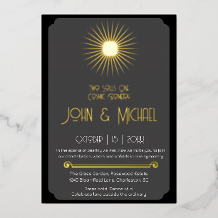 Invitation En Aluminium Géométrie cosmique mariage Black Gray Gold Starbur