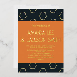 Invitation En Aluminium Géométrie de jeu bleu foncé et orange mariage feui