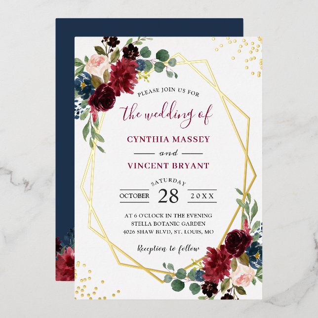 Invitation En Aluminium Géométrique Gold Foil | Mariage floral de la marin (Recto/Verso)