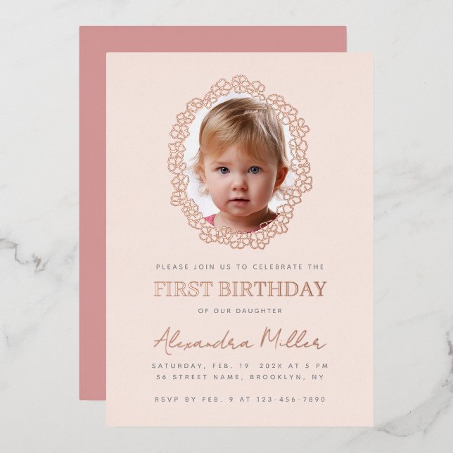 Invitation En Aluminium Girl Photo in Floral Frame Pink First Birthday  (Recto/Verso)