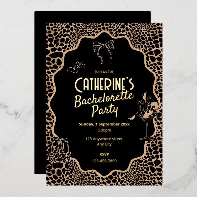 Invitation En Aluminium Glam Black & Gold Leopard Print Bachelorette Party (Recto/Verso)