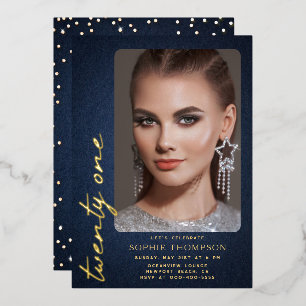 Invitation En Aluminium Glam Denim Diamants Bleu Or 21e Anniversaire Photo