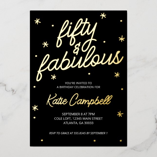 Invitation En Aluminium Glam Fifty et Fabulous Script 50e Anniversaire Feu (Recto)