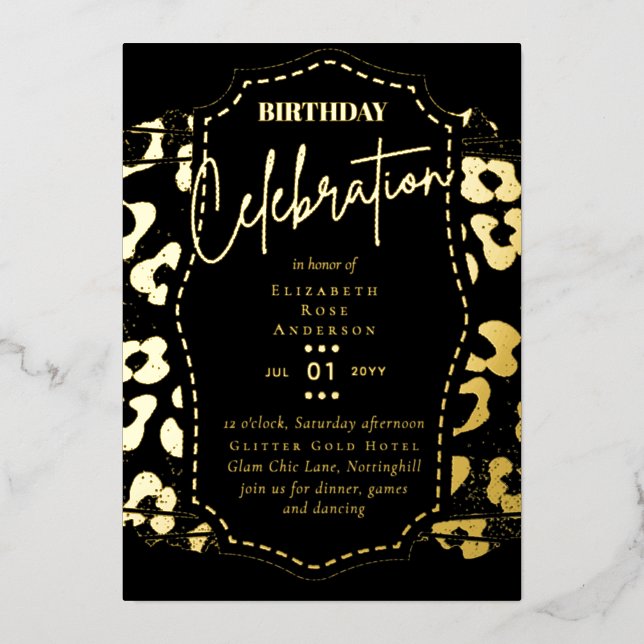 Invitation En Aluminium Glam Gold Foil Poster de animal Fille Noir Anniver (Recto)