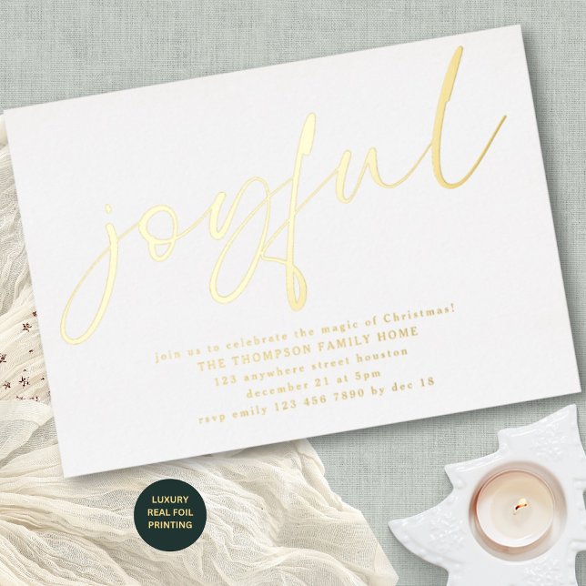 Invitation En Aluminium Glam Joyful Script Fête de Noël Blanche Réelle  (Luxury Real Foil Printing)