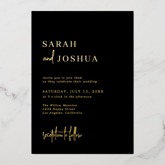 Invitation En Aluminium Glam Simple Calligraphie Script Mariage Black Gold (Recto)