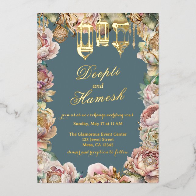 Invitation En Aluminium Glamour Arabian Nights Mariage Floral Bleu (Recto)