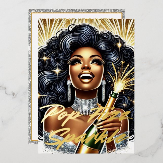 Invitation En Aluminium Glamour Black Woman Popup Champagne NYE Party (Recto/Verso)