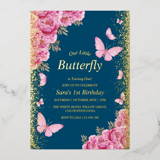 Invitation En Aluminium Gold 1er Anniversaire Papillons rose Bleu (Recto)