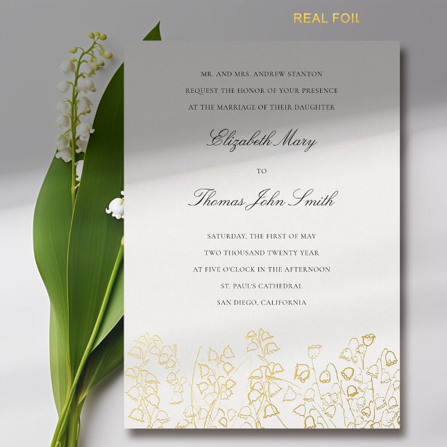 Invitation En Aluminium Gold Art Floral croquis Lily Valley Mariage offici (lily of the valley wedding invitation formal traditional elegant gold foil floral sketch fine art )