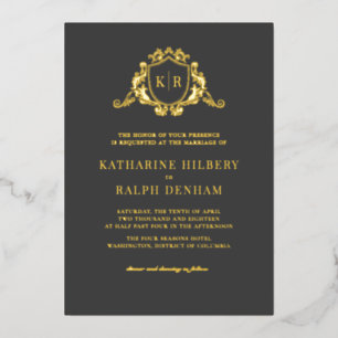 Invitation En Aluminium Gold Baroque Crest Dark Grey Monogram Mariage