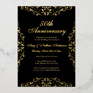 Invitation En Aluminium Gold Black Elegant Swirl 50e anniversaire Mariage
