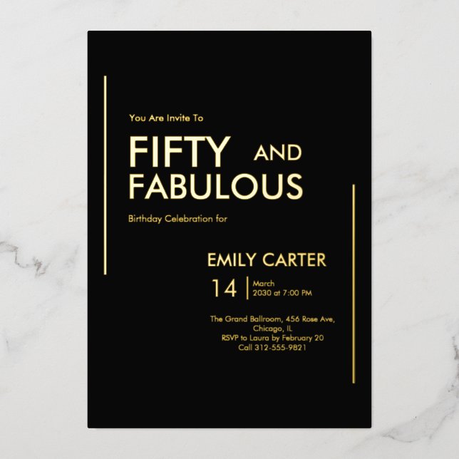 Invitation En Aluminium Gold Black Fifty and Fabulous 50th Birthday Party (Recto)