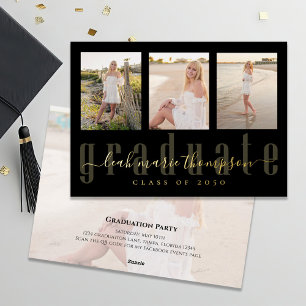 Invitation En Aluminium Gold Black Graduate Calligraphy Photo Collage
