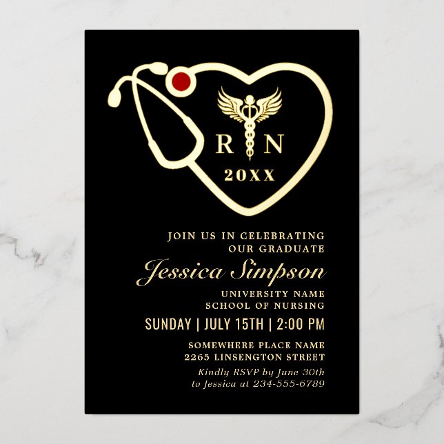 Invitation En Aluminium Gold Black Modern Nursing School Graduation Party (Recto)