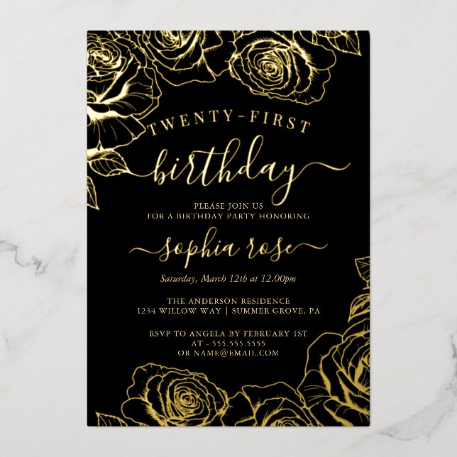 Invitation En Aluminium Gold Black Rose Foil 21e anniversaire (Recto)