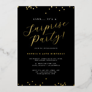 Invitation En Aluminium Gold Black Script Confetti Surprise Party