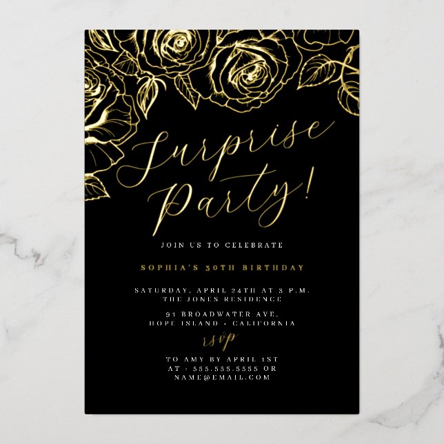 Invitation En Aluminium Gold Black Script Floral Surprise Party (Recto)