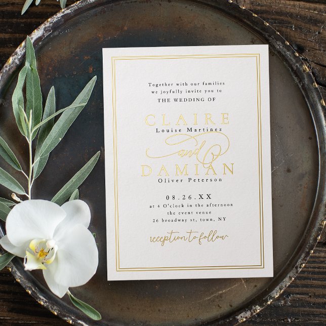 Invitation En Aluminium Gold Black Simple Elegance Romantique Script Maria (Gold Black Simple Elegance Romantic Script Wedding Foil Invitation)