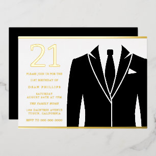 Invitation En Aluminium Gold & Black Suit & Cravate 21e Anniversaire Party