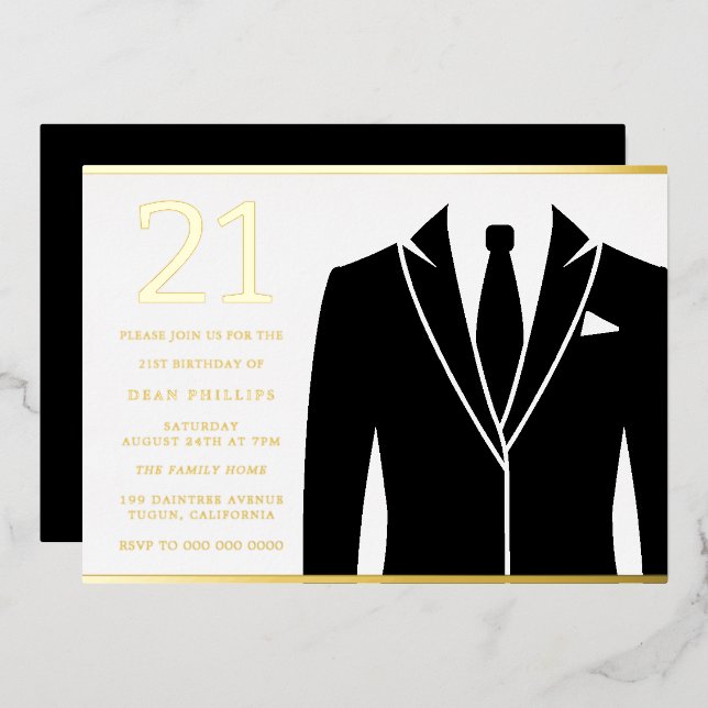 Invitation En Aluminium Gold & Black Suit & Cravate 21e Anniversaire Party (Recto/Verso)