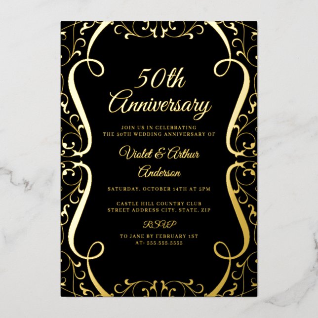 Invitation En Aluminium Gold Black Swirl Élégant 50e anniversaire de Maria (Recto)