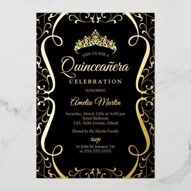 Invitation En Aluminium Gold Black Swirl Elegant Quinceanera  (Recto)