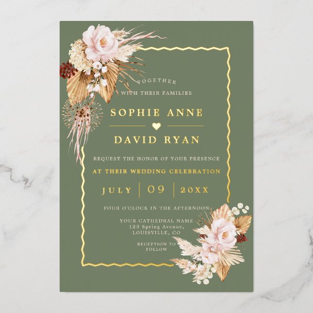 Invitation En Aluminium Gold Blush Flowers Sage Green Pampas Grass Wedding (Recto)