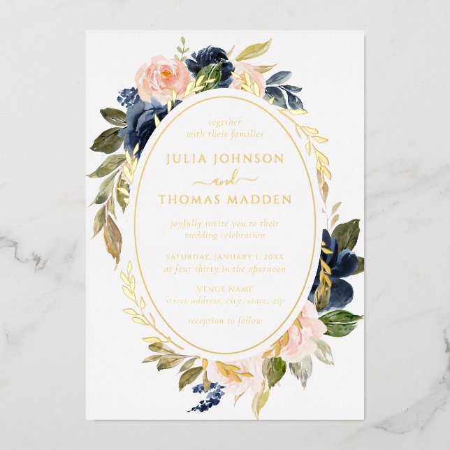 Invitation En Aluminium Gold Blush Marine Mariage Floral Foliing (Recto)