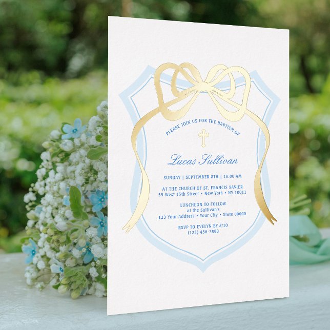 Invitation En Aluminium Gold Bow Light Bleu Crest Baptême (Créateur téléchargé)