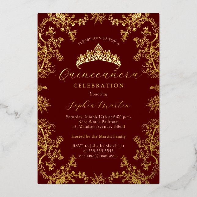 Invitation En Aluminium Gold Burgundy Elegant Vintage Quinceanera (Recto)