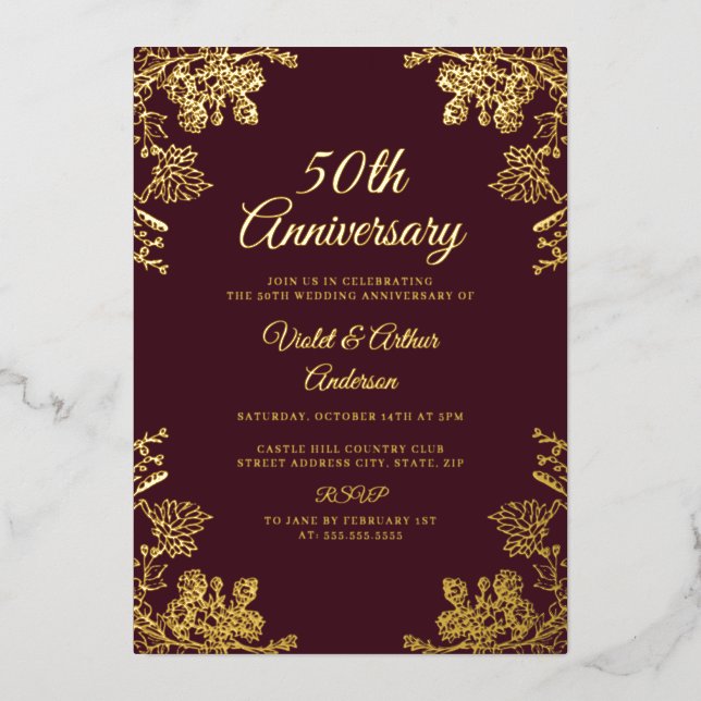 Invitation En Aluminium Gold Burgundy Floral 50e anniversaire Mariage (Recto)