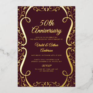Invitation En Aluminium Gold Burgundy Swirl 50e anniversaire de Mariage