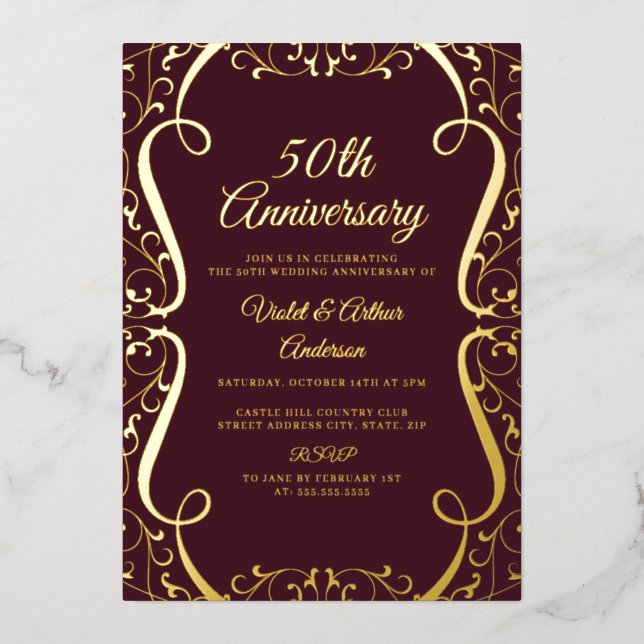 Invitation En Aluminium Gold Burgundy Swirl 50e anniversaire de Mariage (Recto)