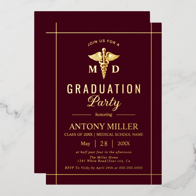 Invitation En Aluminium Gold caduceus Class Of 2026 burgundy graduation (Recto/Verso)