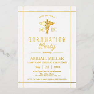 Invitation En Aluminium Gold caduceus Classe De 2025 graduation blanche