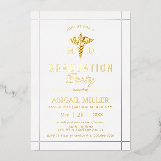 Invitation En Aluminium Gold caduceus Classe De 2025 graduation blanche (Recto)