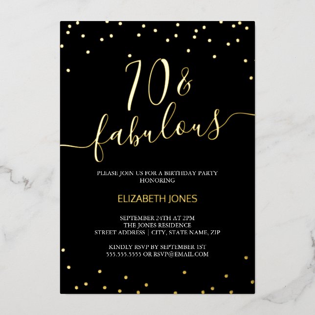Invitation En Aluminium Gold Calligraphy Confetti 70e Fabuleux anniversair (Recto)