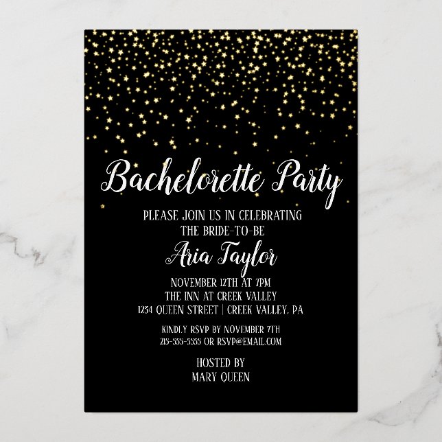 Invitation En Aluminium Gold Confetti sur Black Bachelorette Party Gold (Recto)