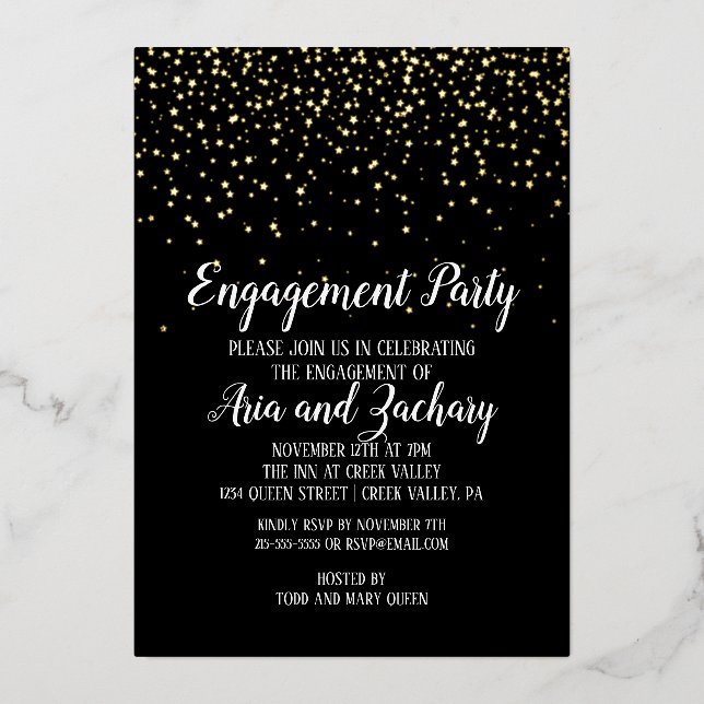 Invitation En Aluminium Gold Confetti sur Black Engagement Party Gold (Recto)