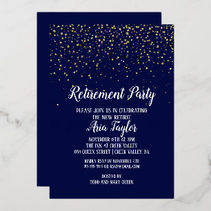 Invitation En Aluminium Gold Confetti sur Marine Blue Retraite Party Gold