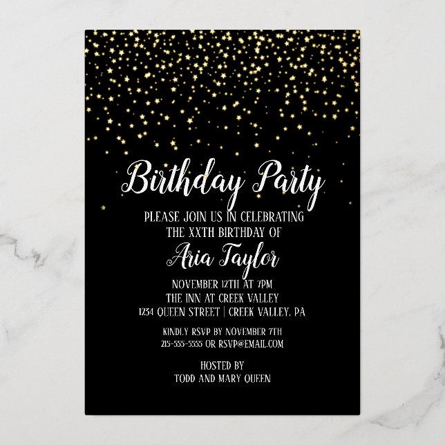 Invitation En Aluminium Gold Confetti sur Noir Anniversaire Party Gold (Recto)