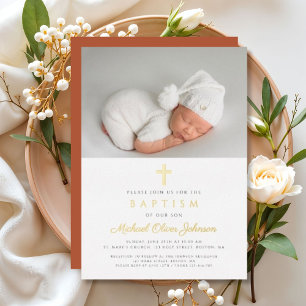 Invitation En Aluminium Gold Cross Dusty Terracotta Photo Baptême
