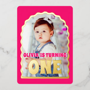 Invitation En Aluminium Gold Daisy ONE First Birthday Party Photo